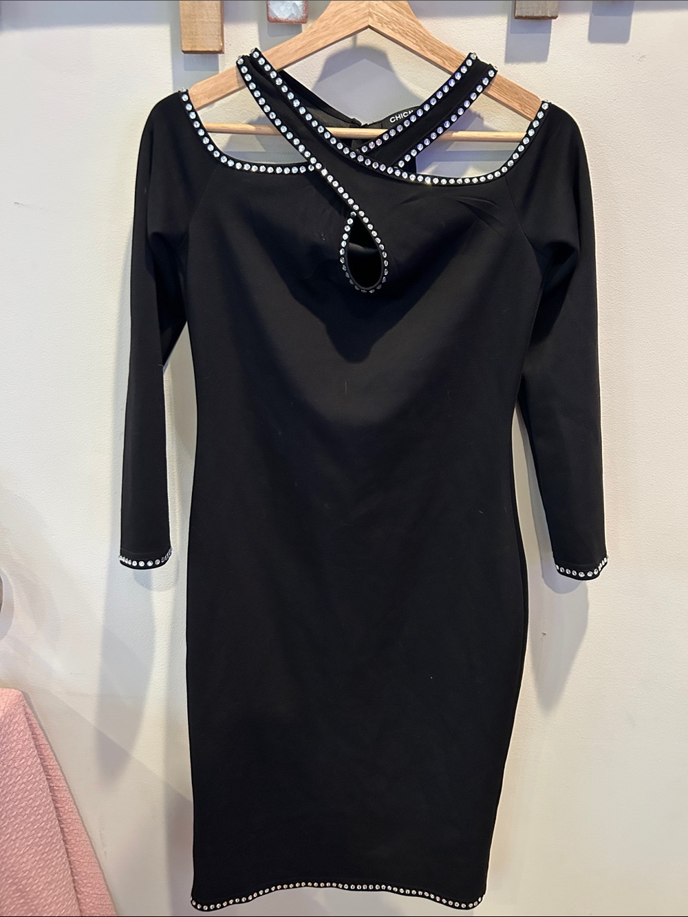chicme Black Long-Sleeve Bodycon Dress with Studded Crisscross Neckline
